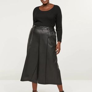 Faux Leather Wide Leg Crop With Button Waist